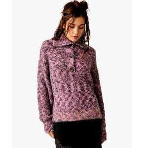 Free People Stellar Textured Knit Button Neck Collared Sweater Pink Soft Large